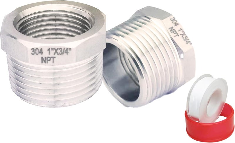 POTONZ 1" Male to 3/4" Female NPT Threaded Reducer Hex Bushing 304 Stainless Steel Reducing Adapter Pipe Fitting With Teflon Plumbers Tape(Pack of 2) - Image 1
